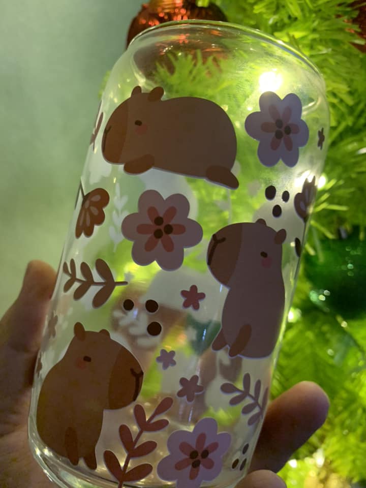 Floral Capybara Glass Cup